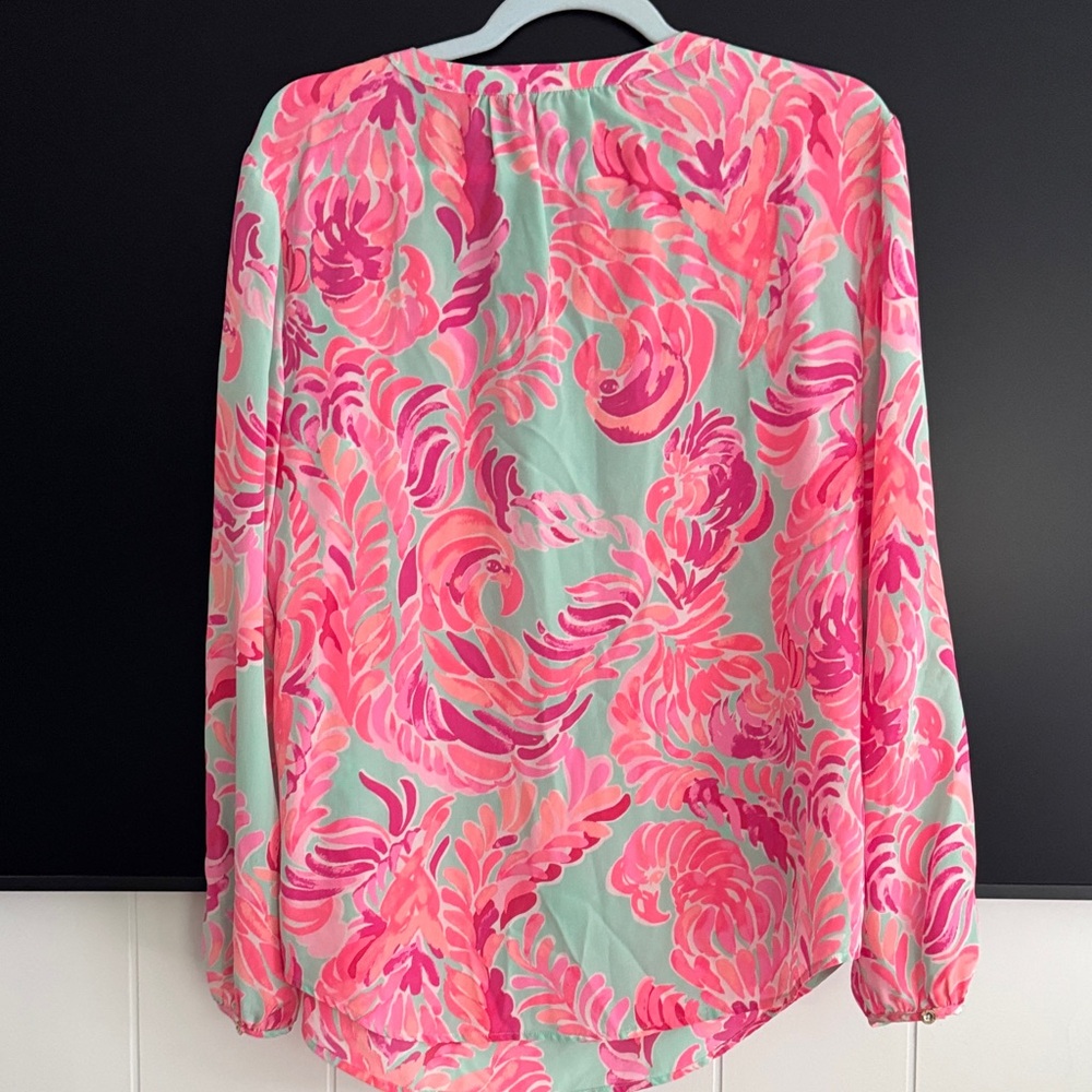Lilly Pulitzer Pink and Aqua Floral V-Neck Blouse - Picture 2 of 6